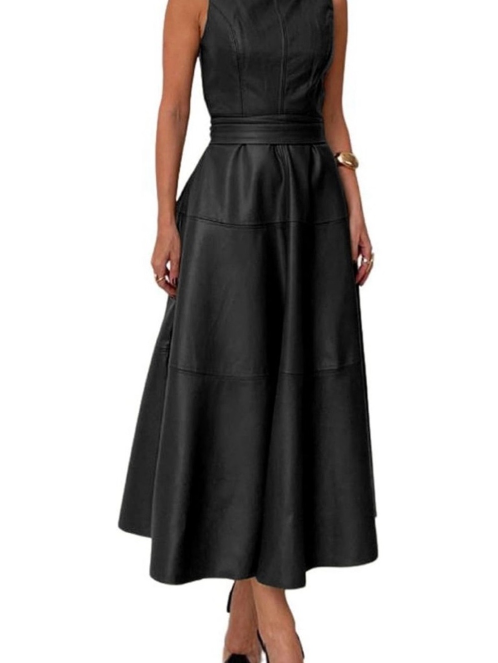 Elegant Black Faux Leather Sleeveless Maxi Dress